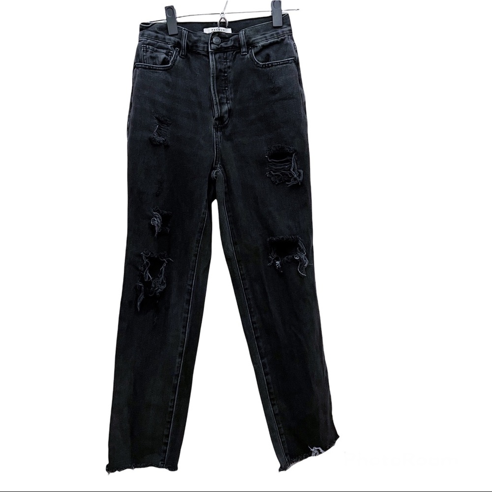 Pacsun High Rise Straight Leg Button Fly Distressed Black Raw Hem Jeans Size 25 - Picture 11 of 11